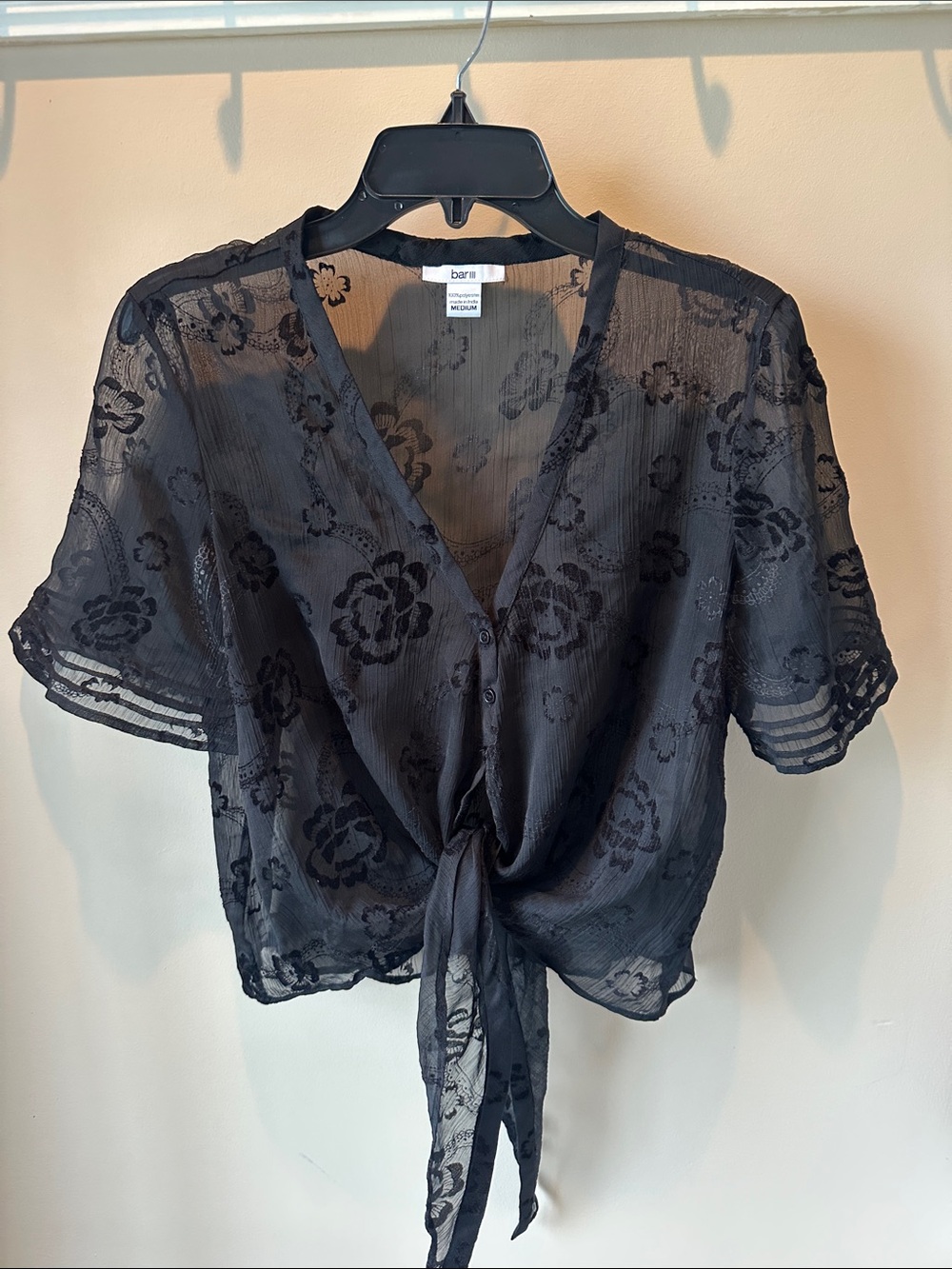Bar III Black Sheer Floral Tie-Front Blouse